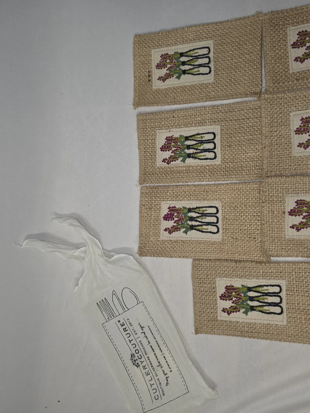 Cutlery Couture Beige Burlap Silverware Pouch with Floral Stitch